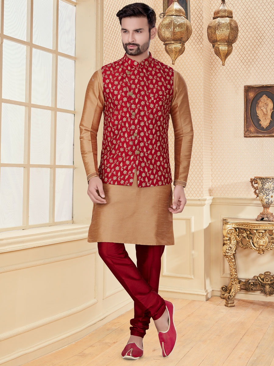 Tan Brown Dupion Silk Embroidered Festival Kurta with Waistcoat