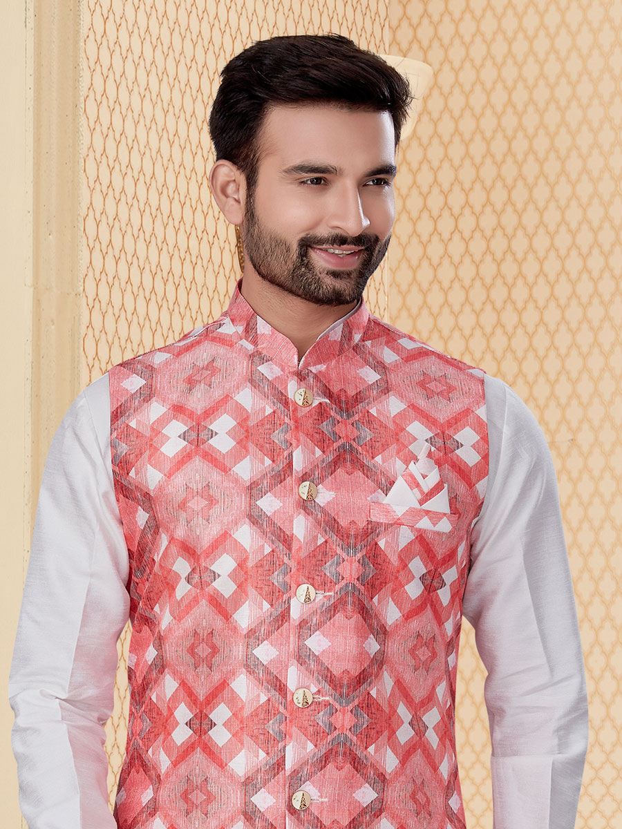 White Dupion Silk Printed Festival Kurta with Waistcoat
