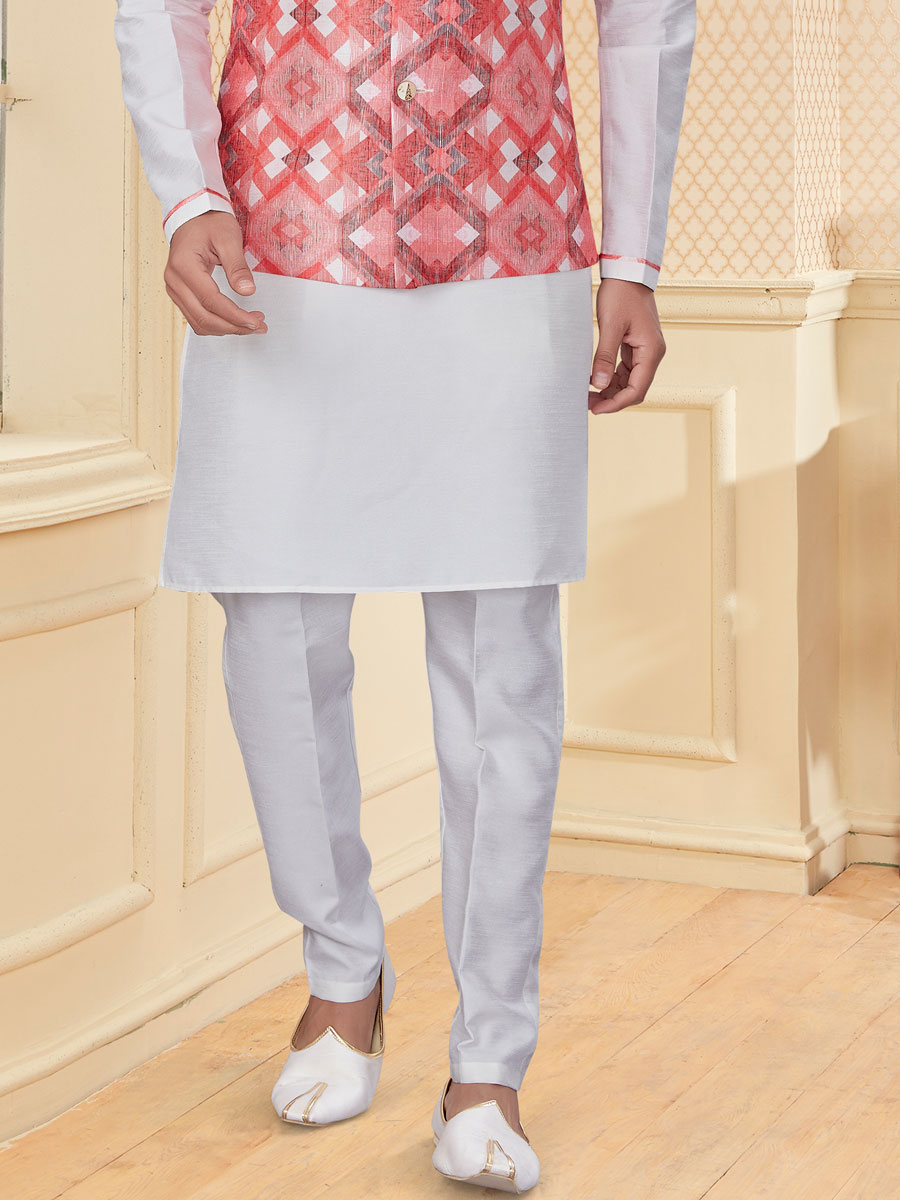 White Dupion Silk Printed Festival Kurta with Waistcoat