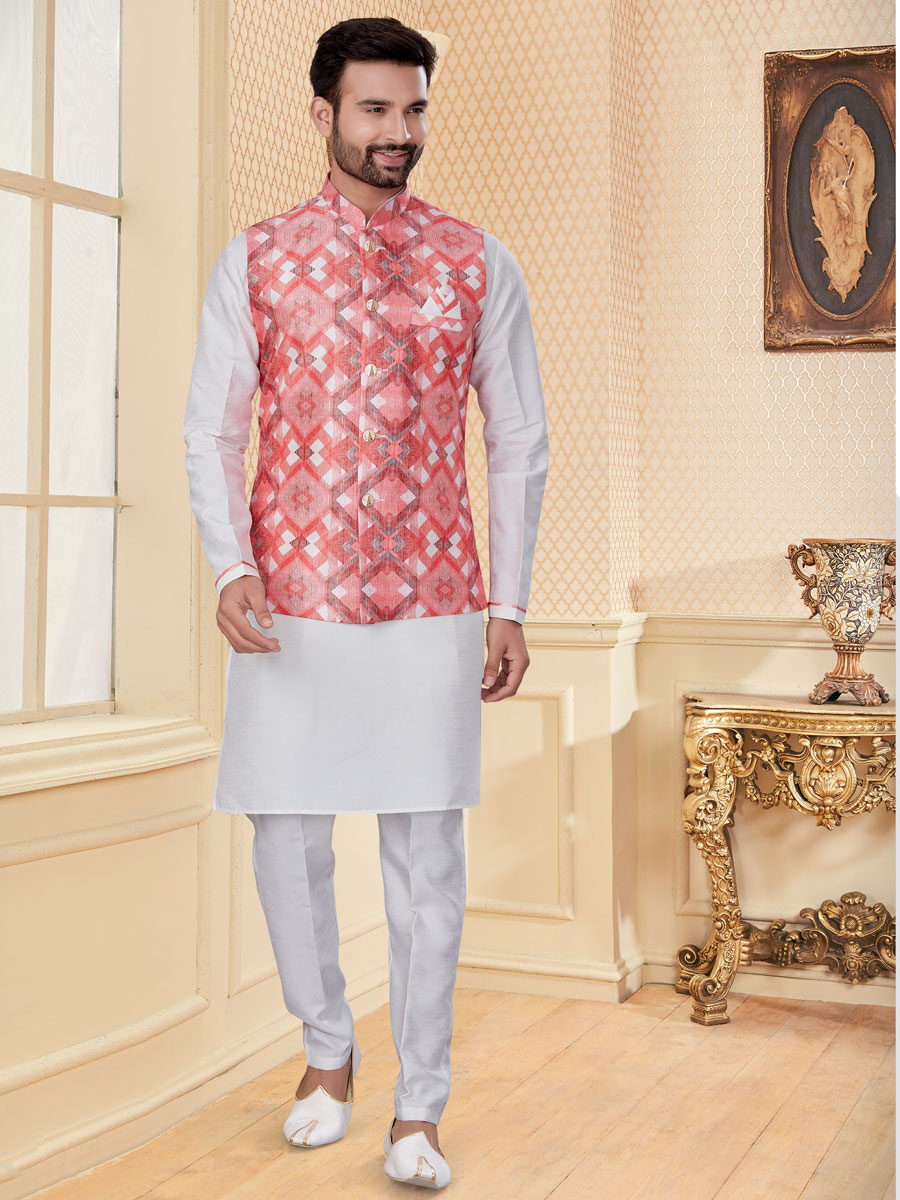 White Dupion Silk Printed Festival Kurta with Waistcoat