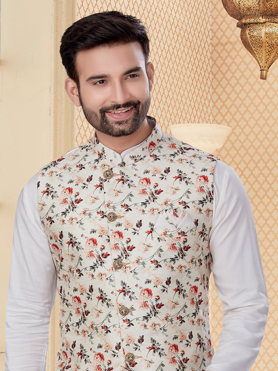 White Silk Printed Festival Kurta with Waistcoat
