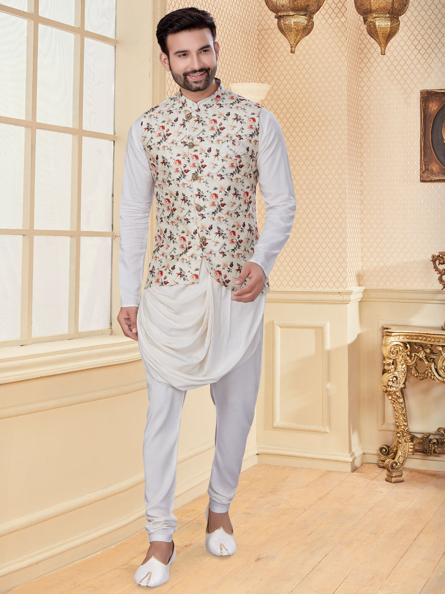 White Silk Printed Festival Kurta with Waistcoat
