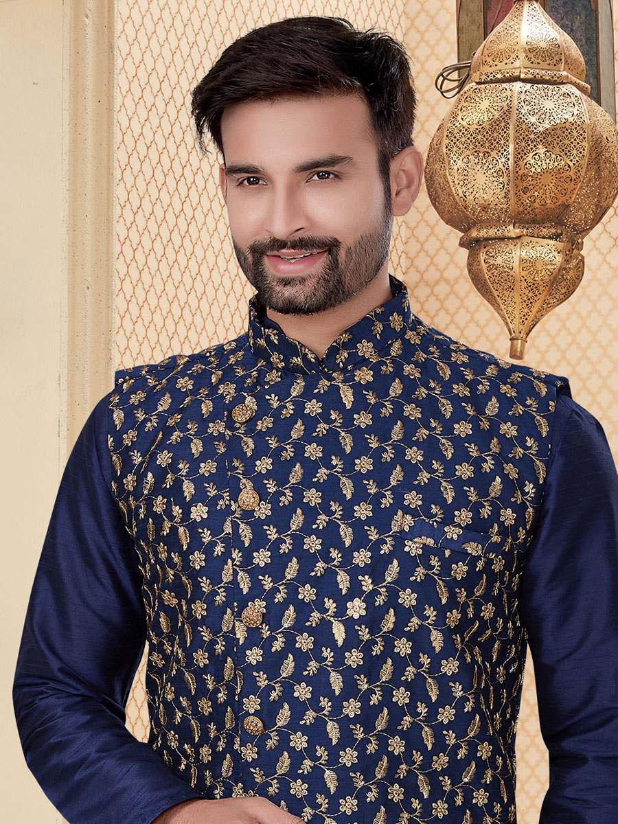 Navy Blue Dupion Silk Embroidered Festival Kurta with Waistcoat