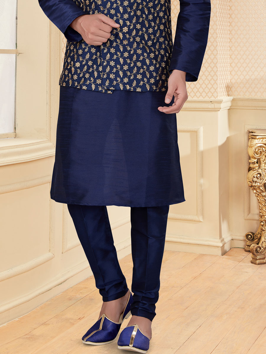 Navy Blue Dupion Silk Embroidered Festival Kurta with Waistcoat