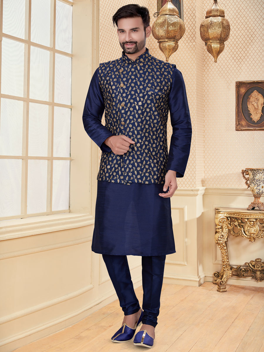 Navy Blue Dupion Silk Embroidered Festival Kurta with Waistcoat