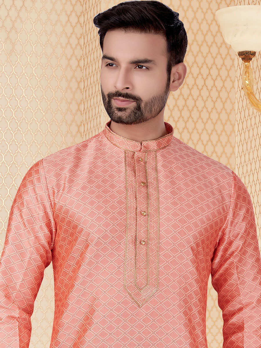 Coral Pink Jacquard Handwoven Festival Kurta