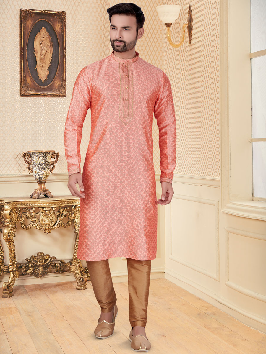 Coral Pink Jacquard Handwoven Festival Kurta