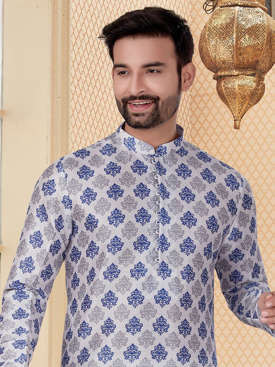 White Silk Printed Festival Kurta