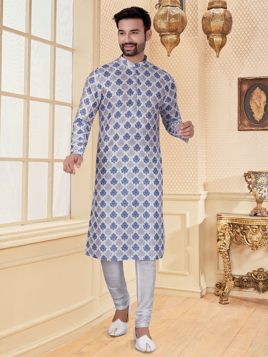 White Silk Printed Festival Kurta
