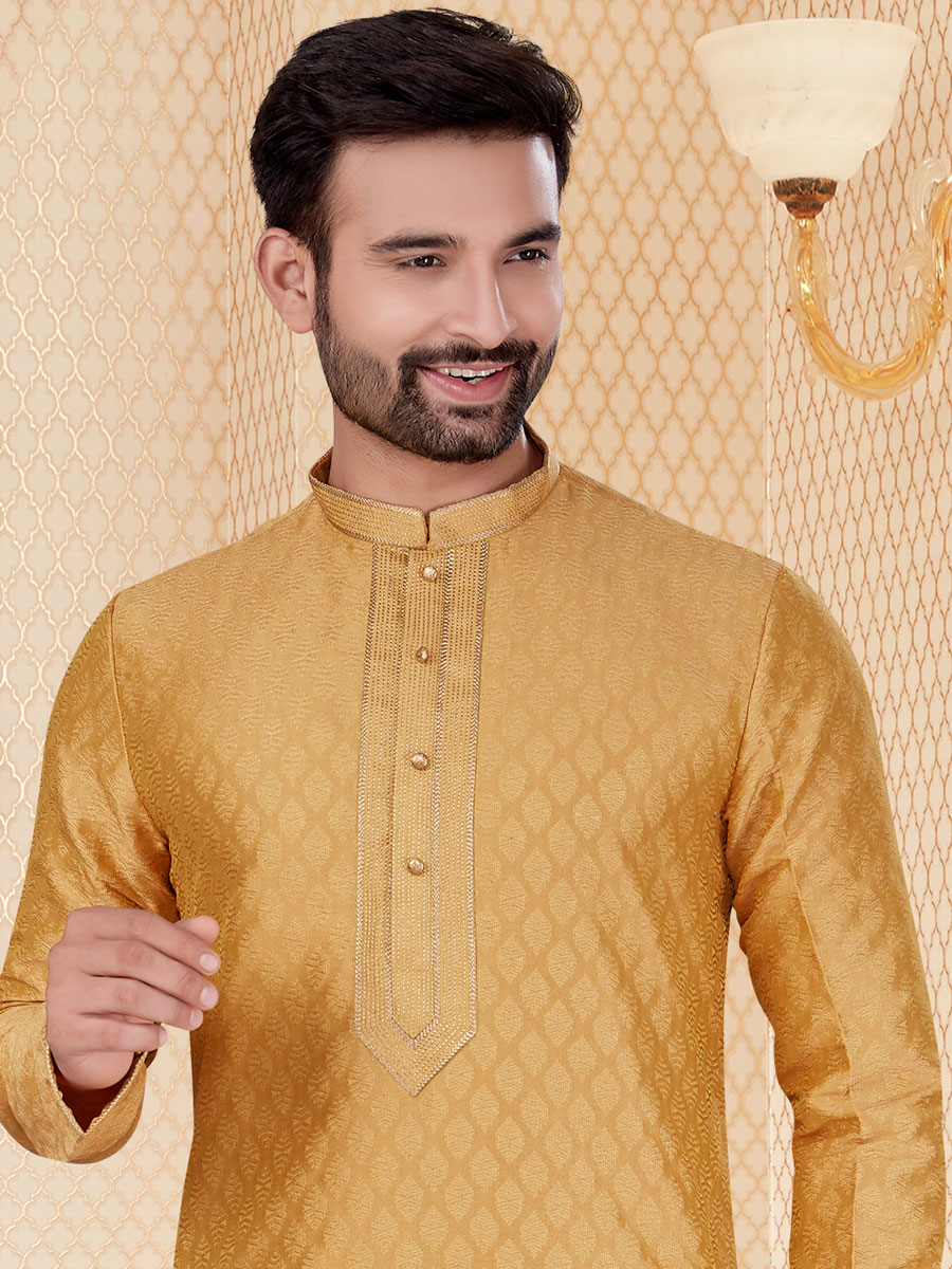 Golden Yellow Jacquard Handwoven Festival Kurta