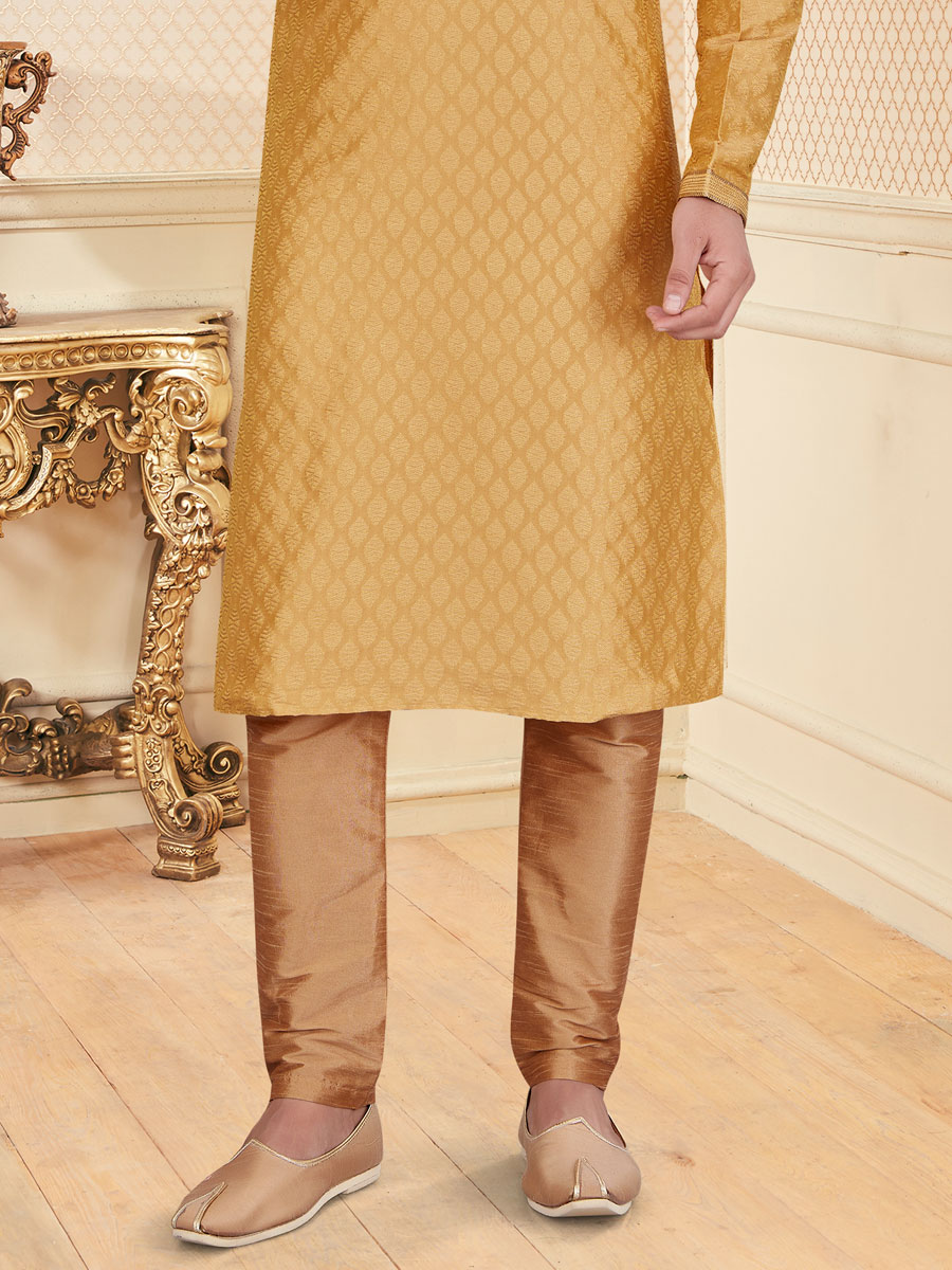 Golden Yellow Jacquard Handwoven Festival Kurta