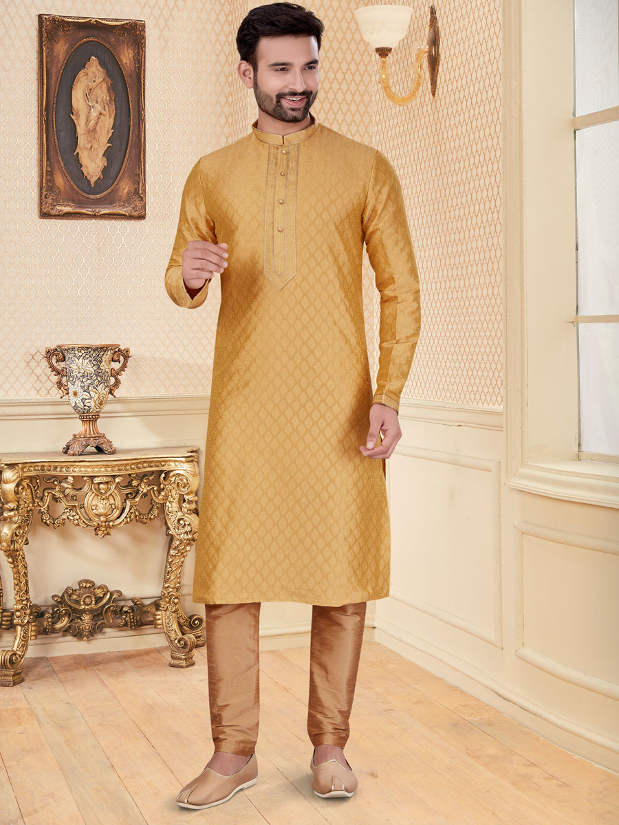 Golden Yellow Jacquard Handwoven Festival Kurta