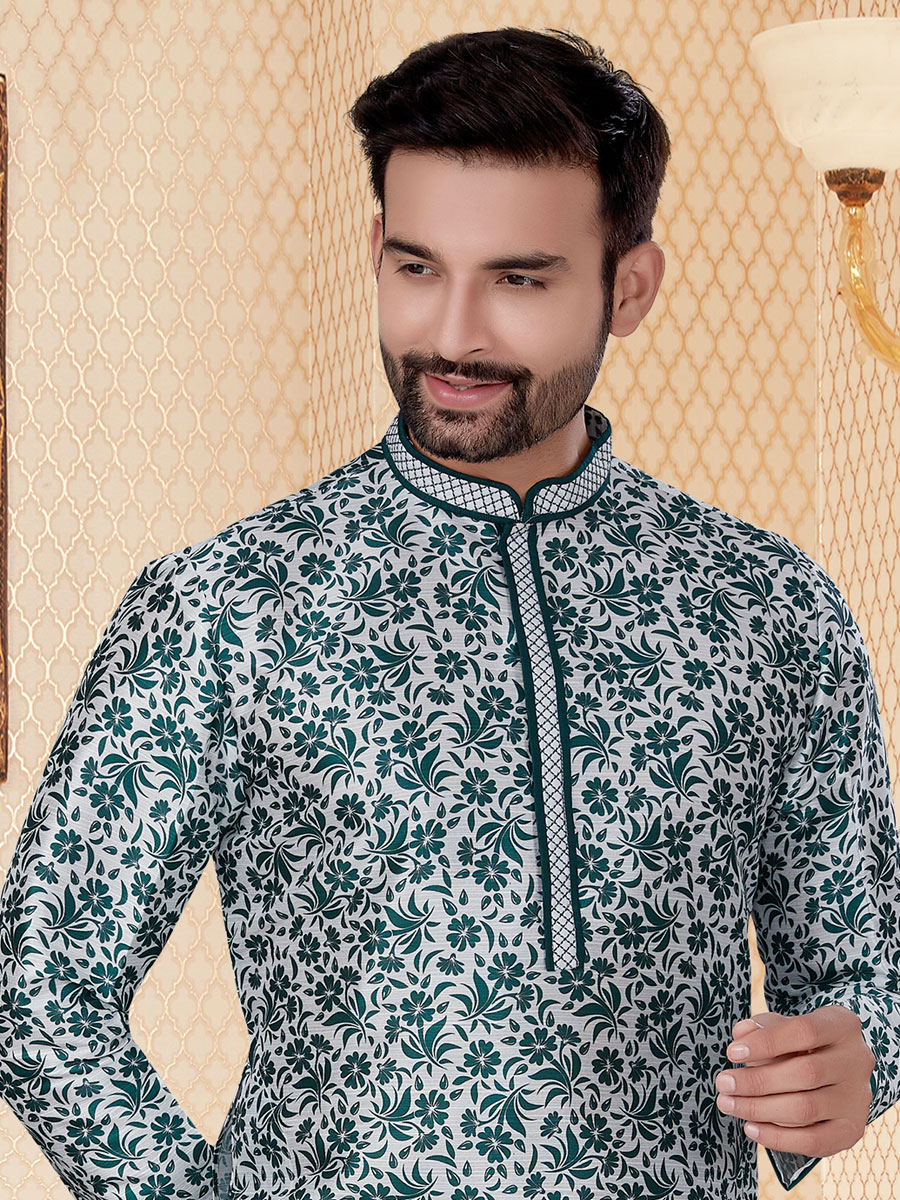 White and Pine Green Silk Printed Festival Kurta