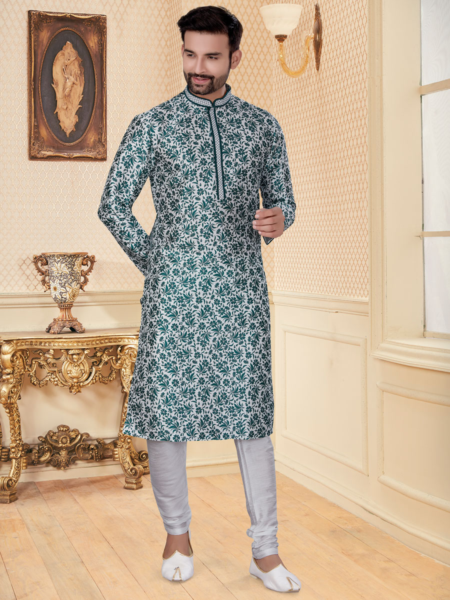 White and Pine Green Silk Printed Festival Kurta