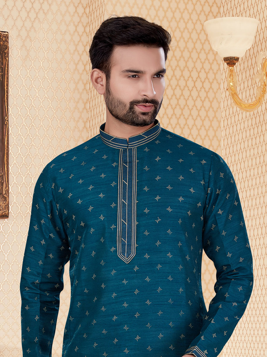 Teal Green Silk Handwoven Festival Kurta