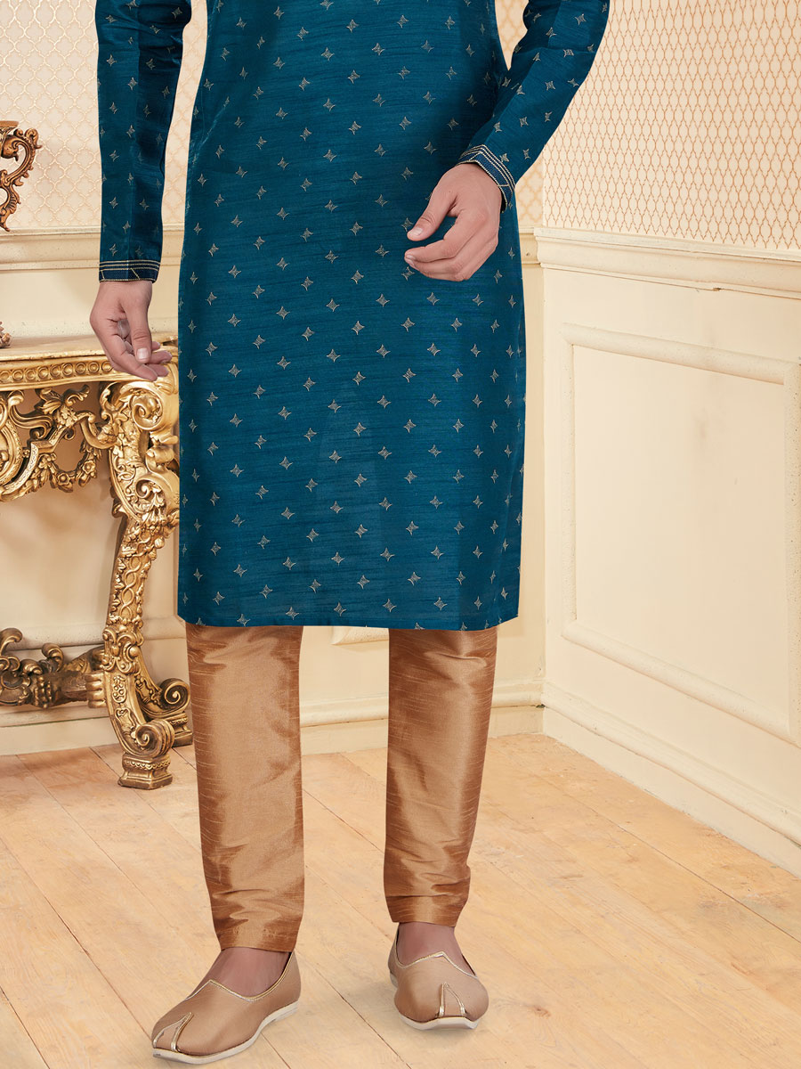 Teal Green Silk Handwoven Festival Kurta