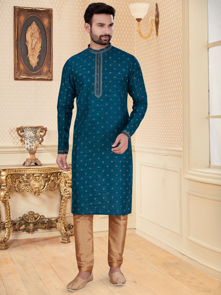 Teal Green Silk Handwoven Festival Kurta