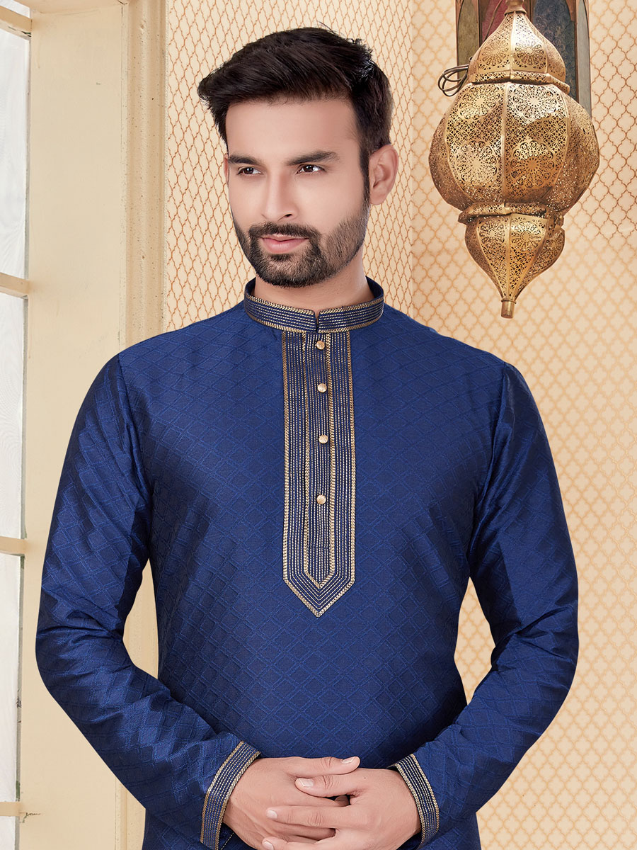 Navy Blue Jacquard Plain Festival Kurta