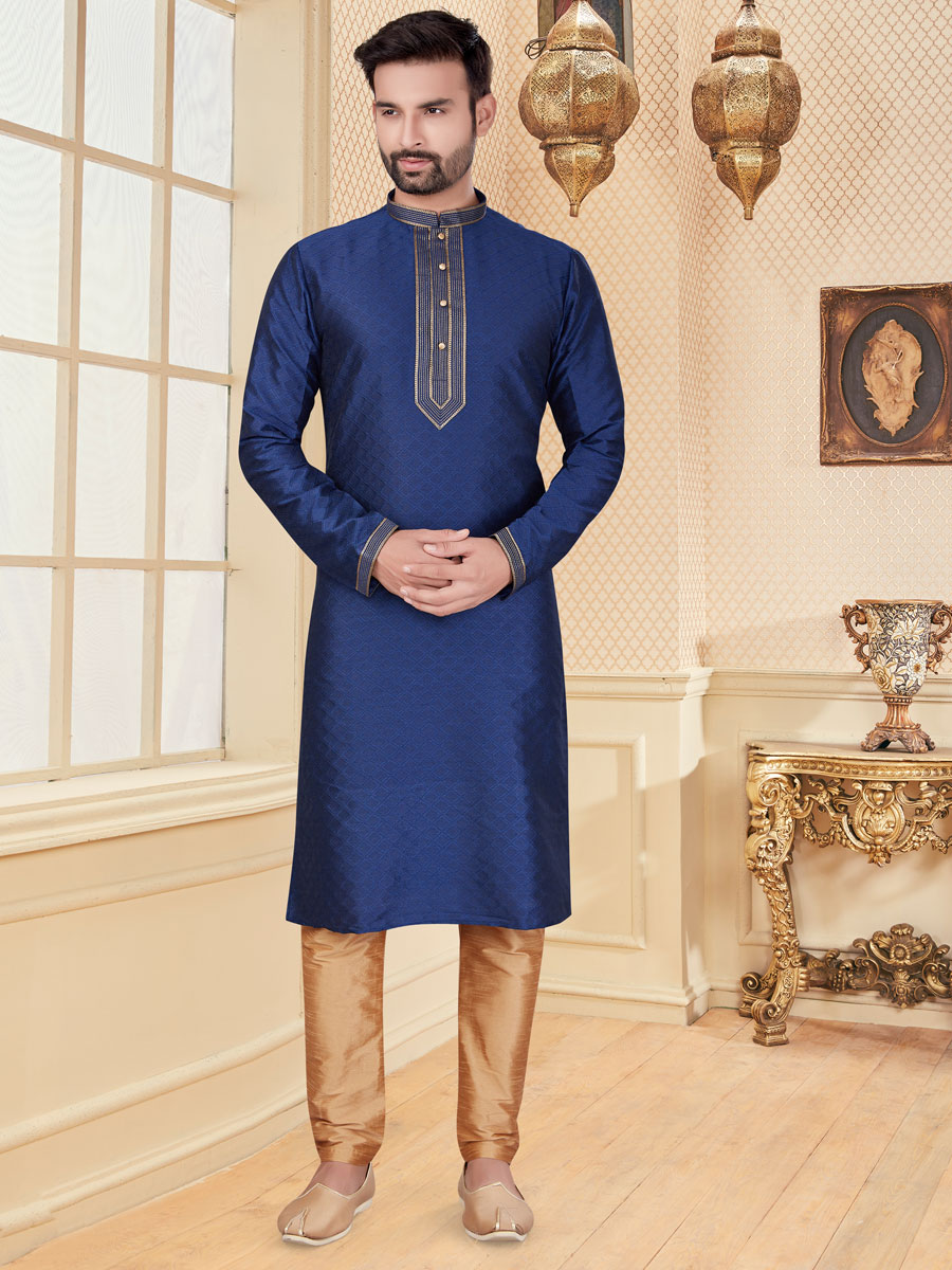 Navy Blue Jacquard Plain Festival Kurta