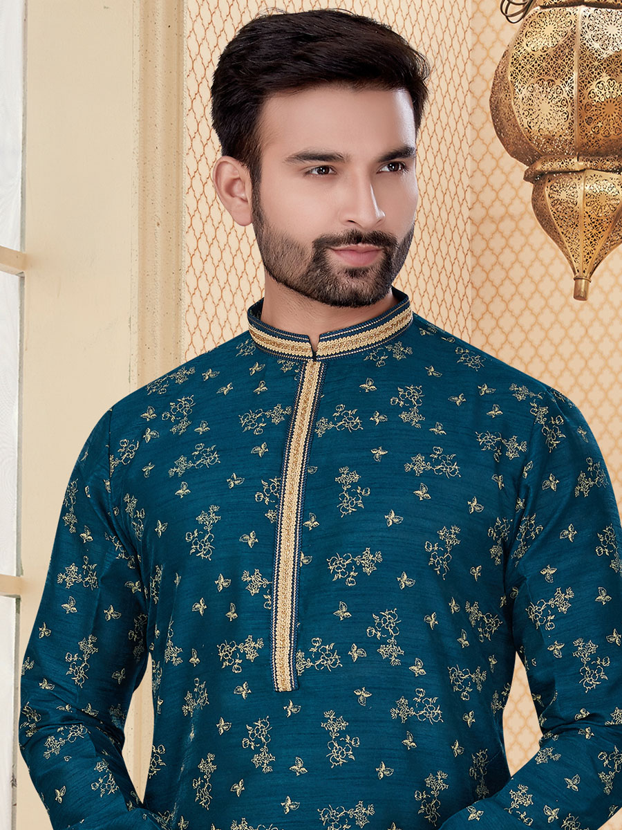 Teal Green Jacquard Handwoven Festival Kurta