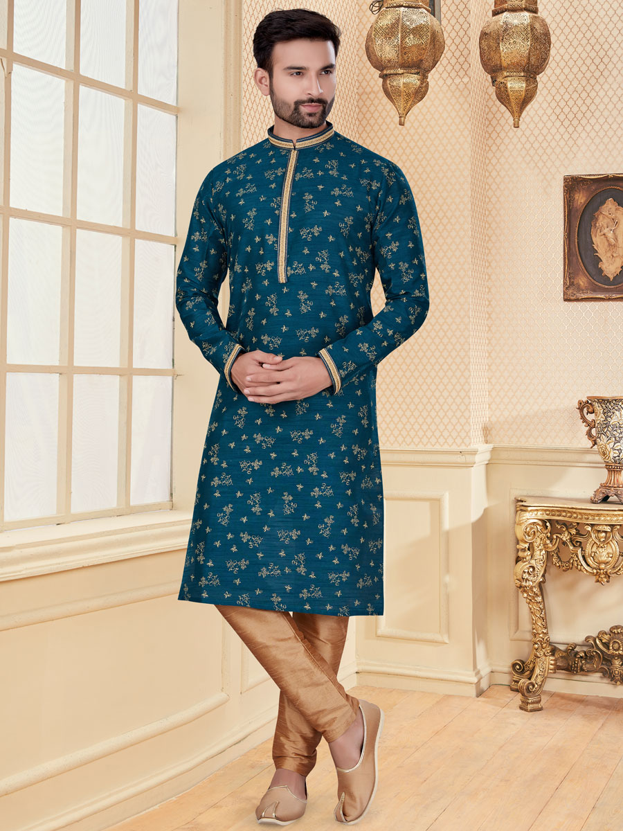 Teal Green Jacquard Handwoven Festival Kurta