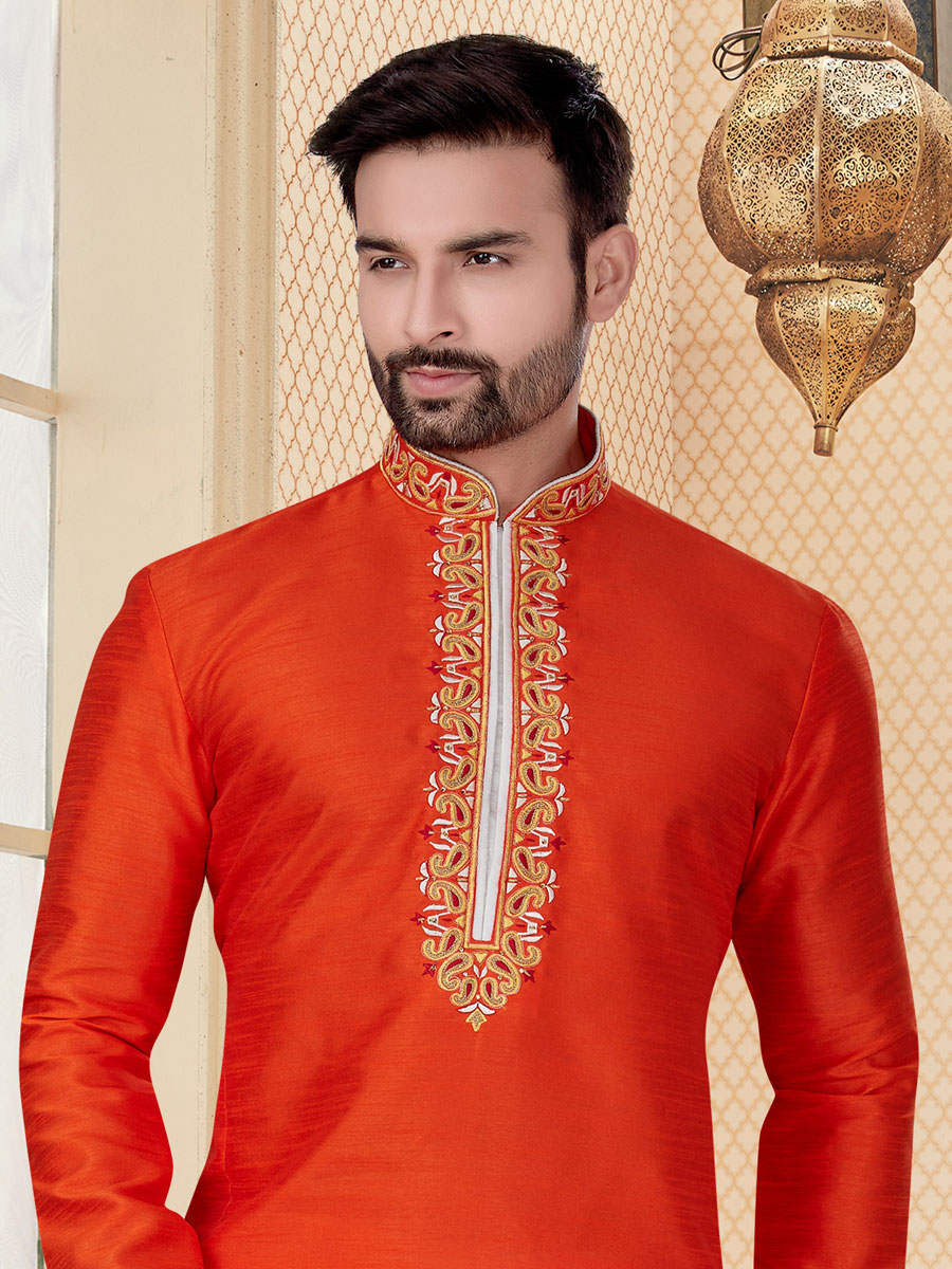 Orange-Red Silk Embroidered Festival Kurta