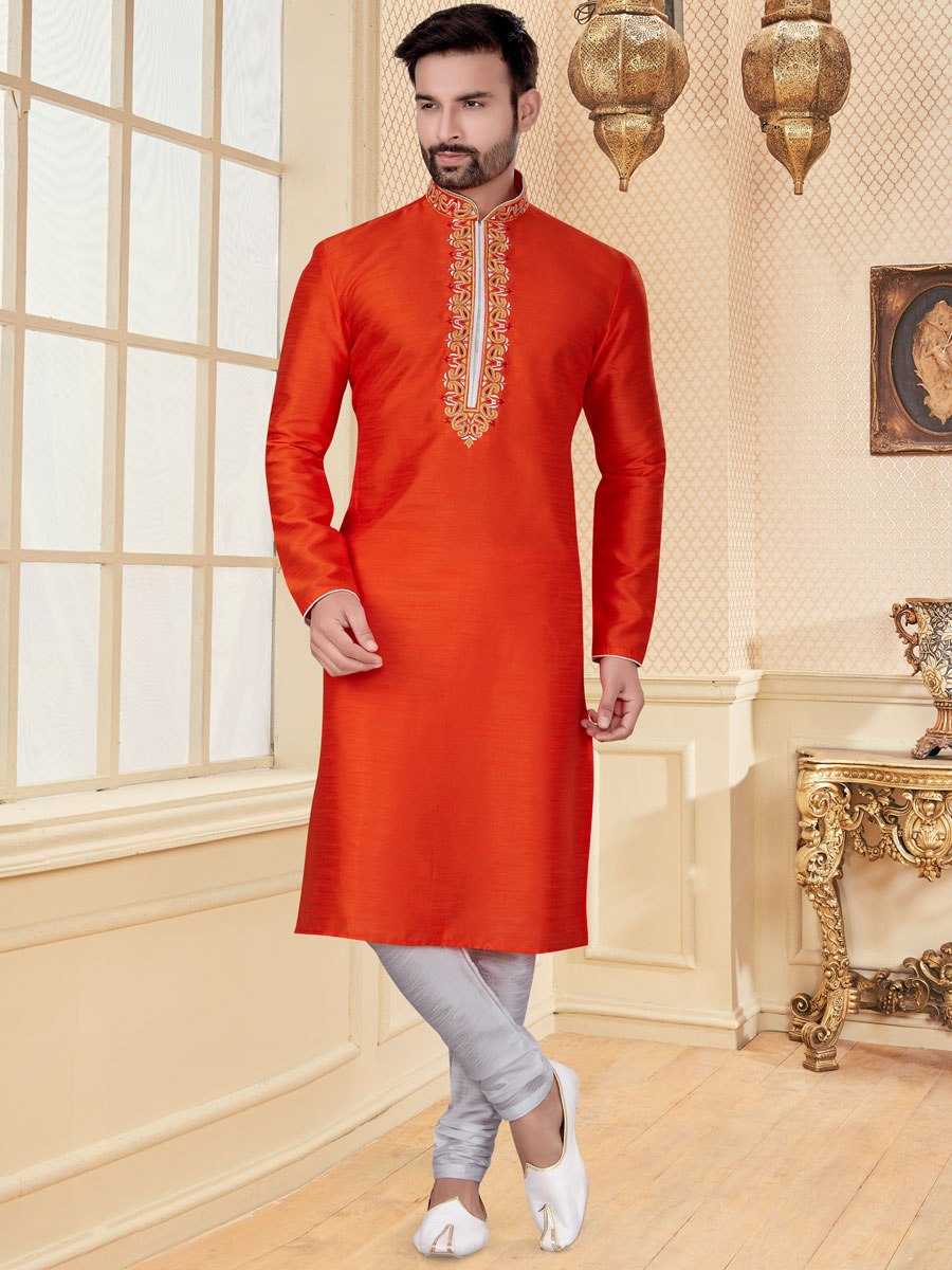 Orange-Red Silk Embroidered Festival Kurta