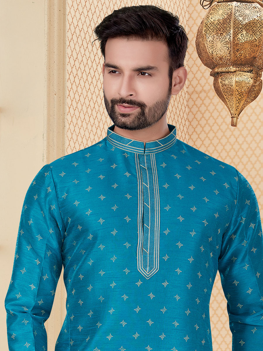 Dodger Blue Silk Handwoven Festival Kurta