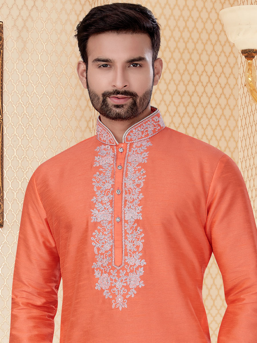 Coral Orange Dupion Silk Embroidered Festival Kurta