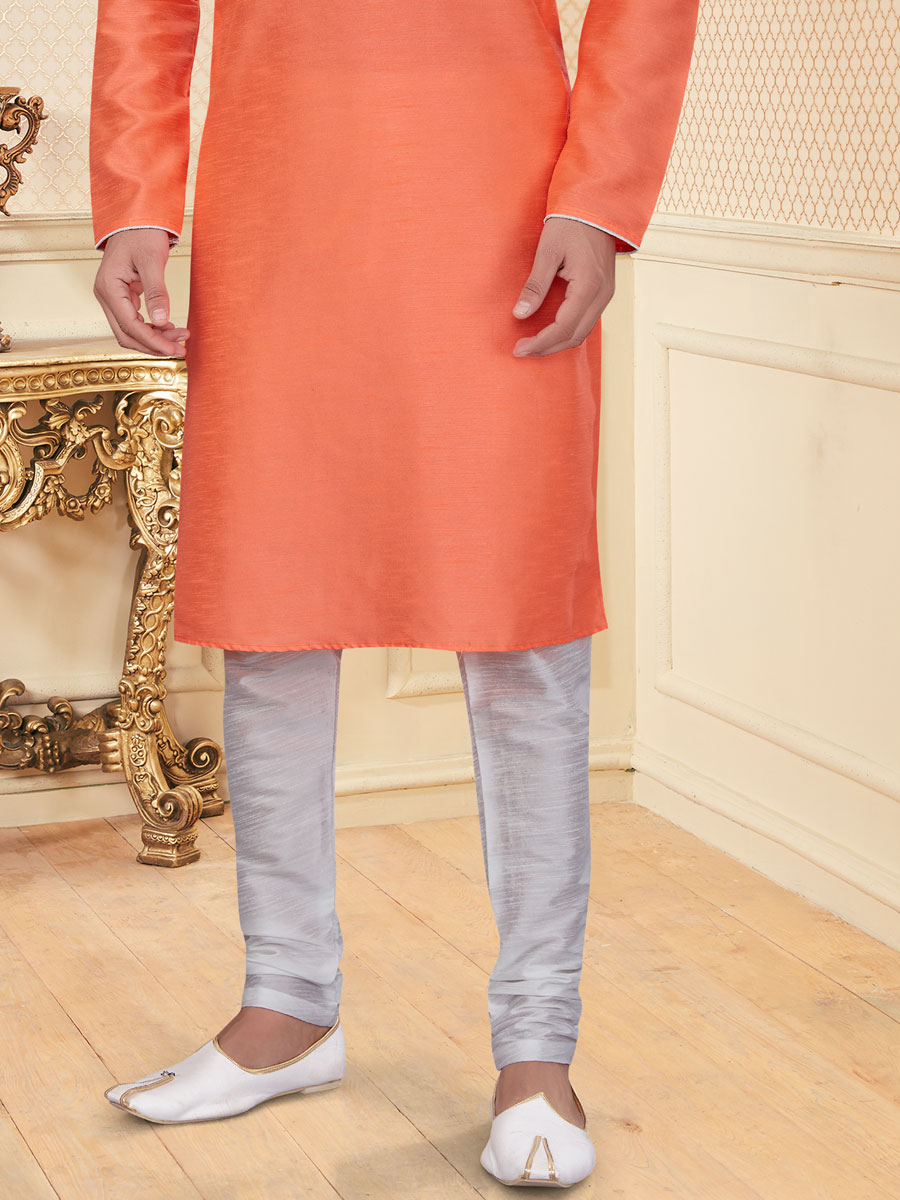 Coral Orange Dupion Silk Embroidered Festival Kurta