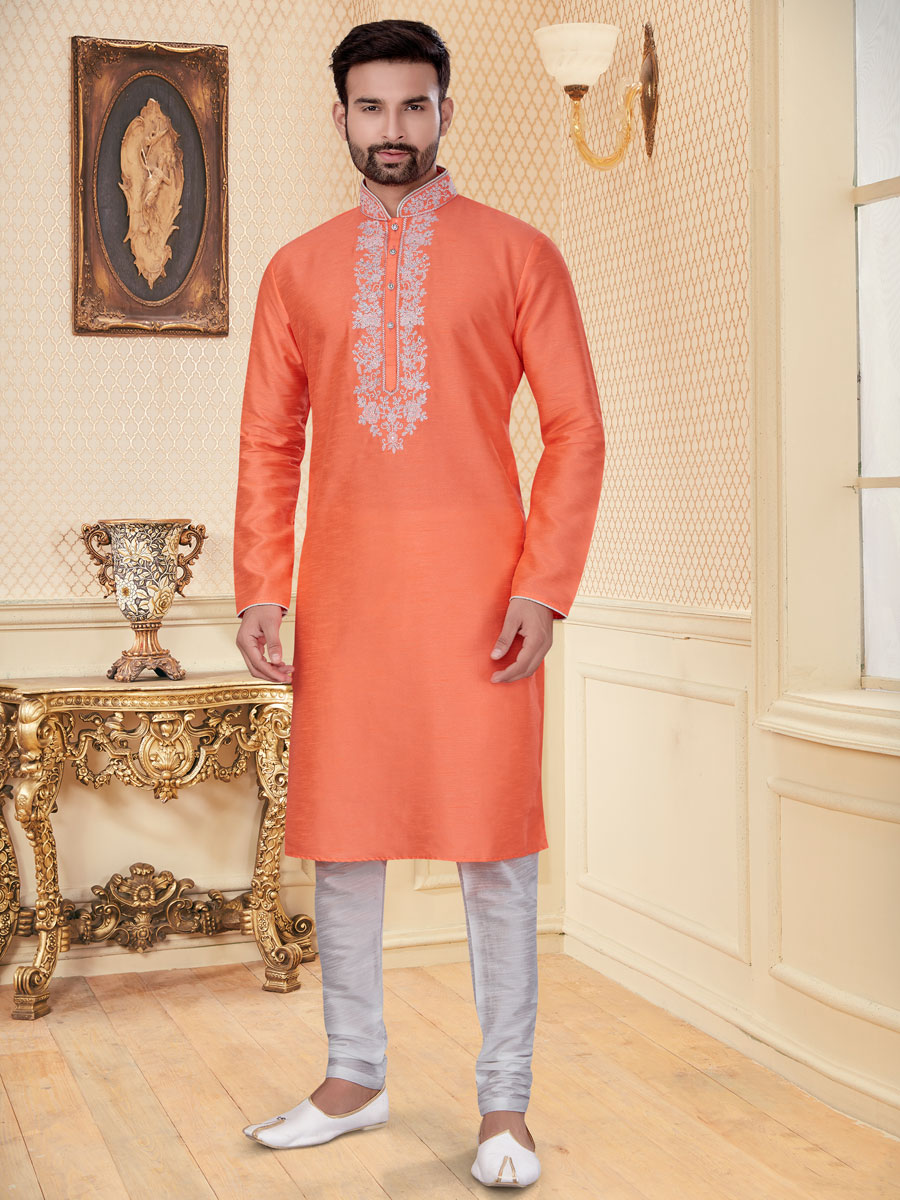 Coral Orange Dupion Silk Embroidered Festival Kurta