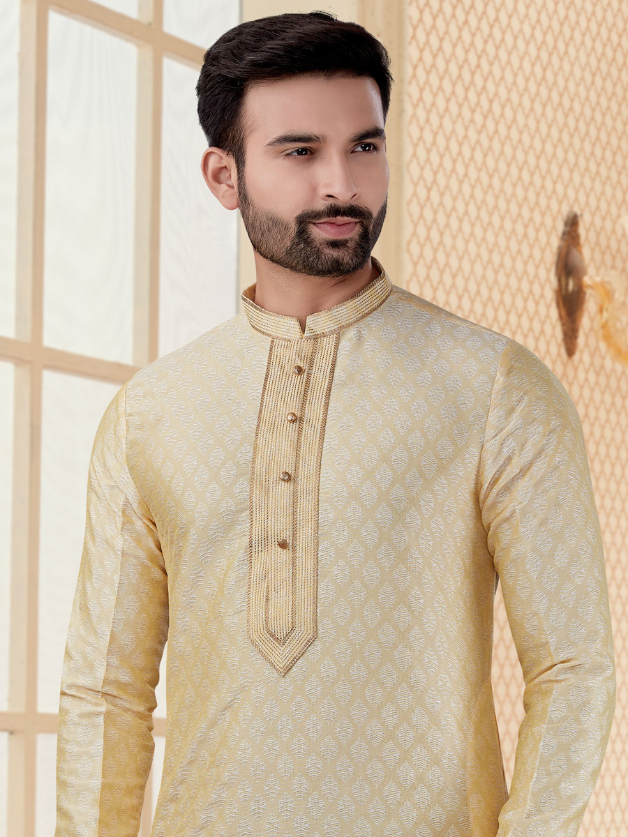 Cream Yellow Jacquard Handwoven Festival Kurta