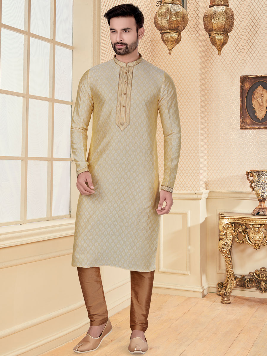 Cream Yellow Jacquard Handwoven Festival Kurta