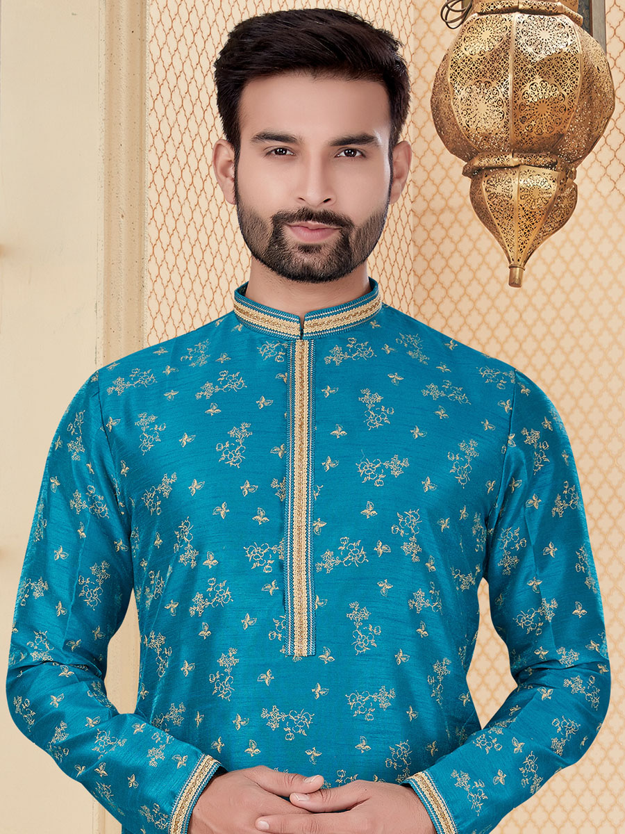 Cerulean Blue Silk Handwoven Festival Kurta