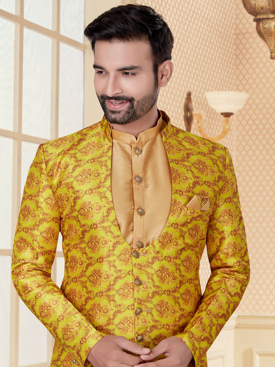 Saffron Yellow and Tan Brown Dupion Silk Printed Festival Sherwani