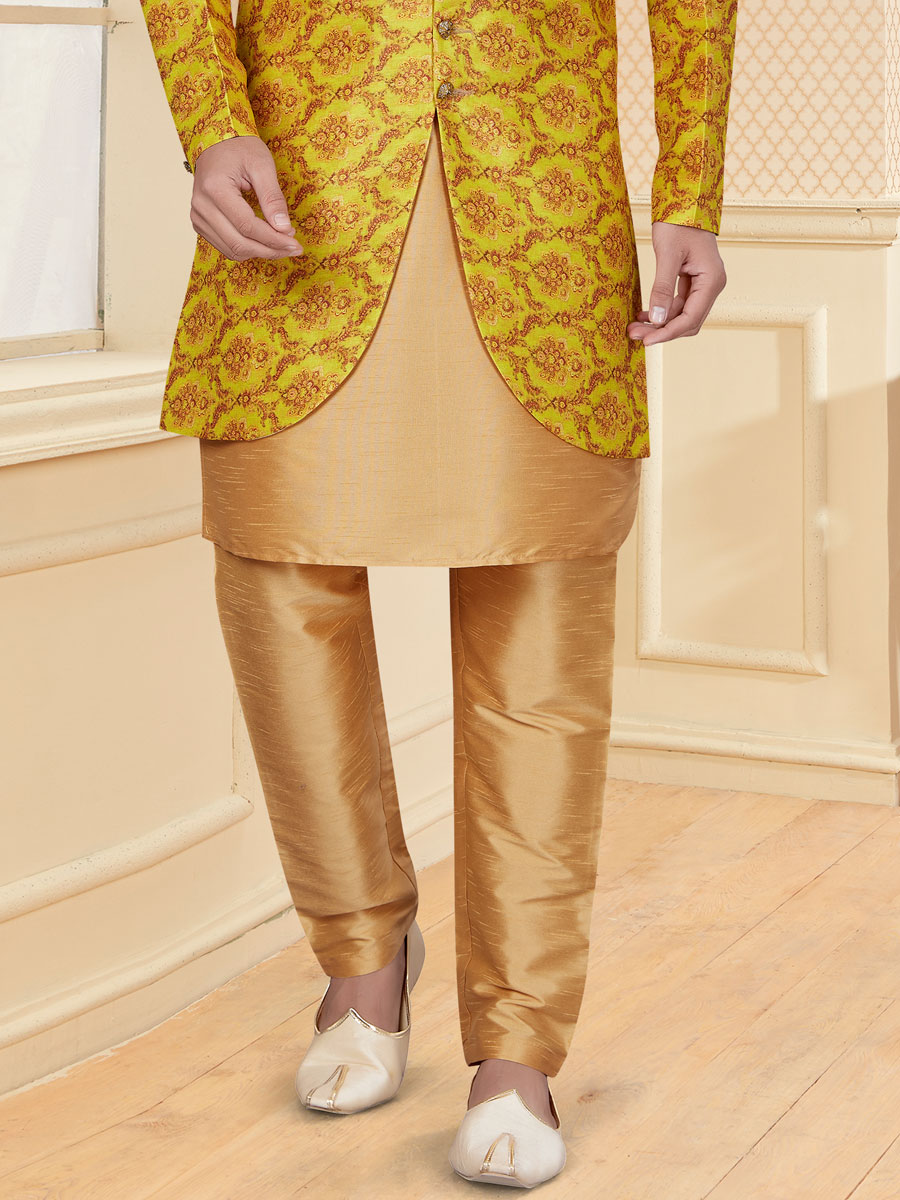 Saffron Yellow and Tan Brown Dupion Silk Printed Festival Sherwani