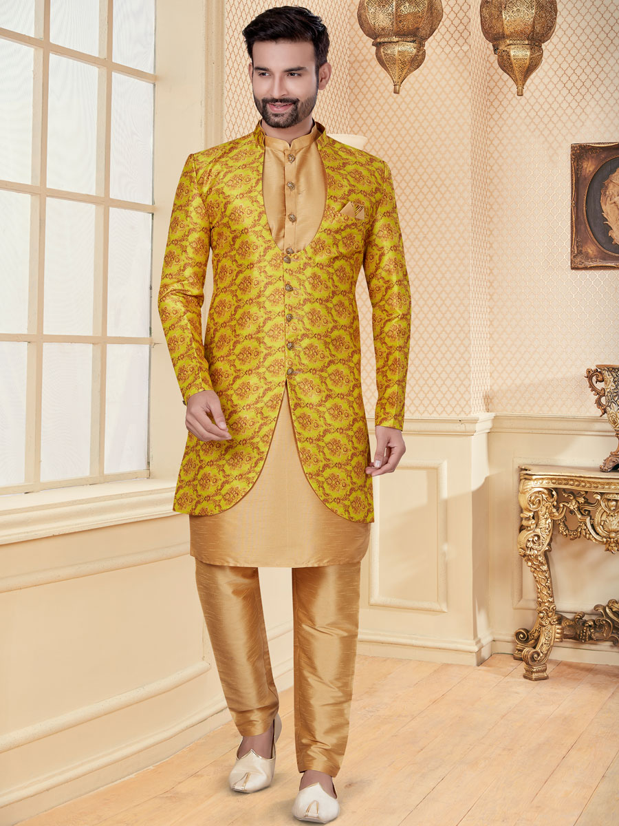 Saffron Yellow and Tan Brown Dupion Silk Printed Festival Sherwani