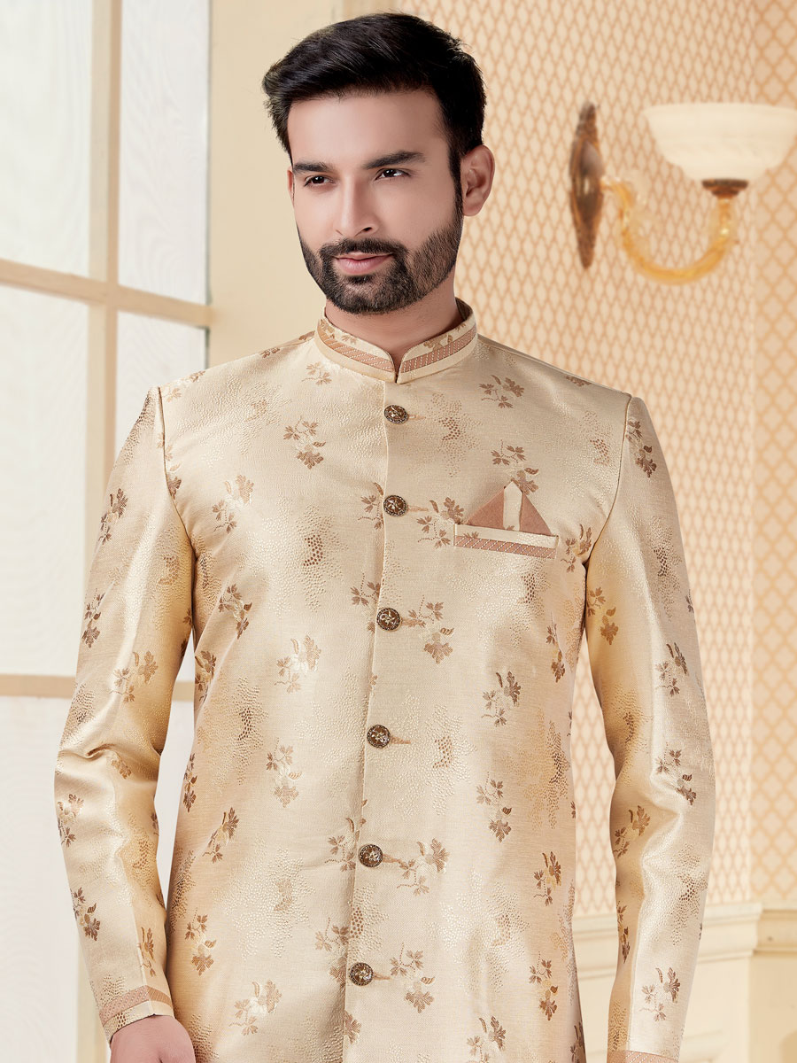 Cream Yellow Jacquard Handwoven Festival Sherwani