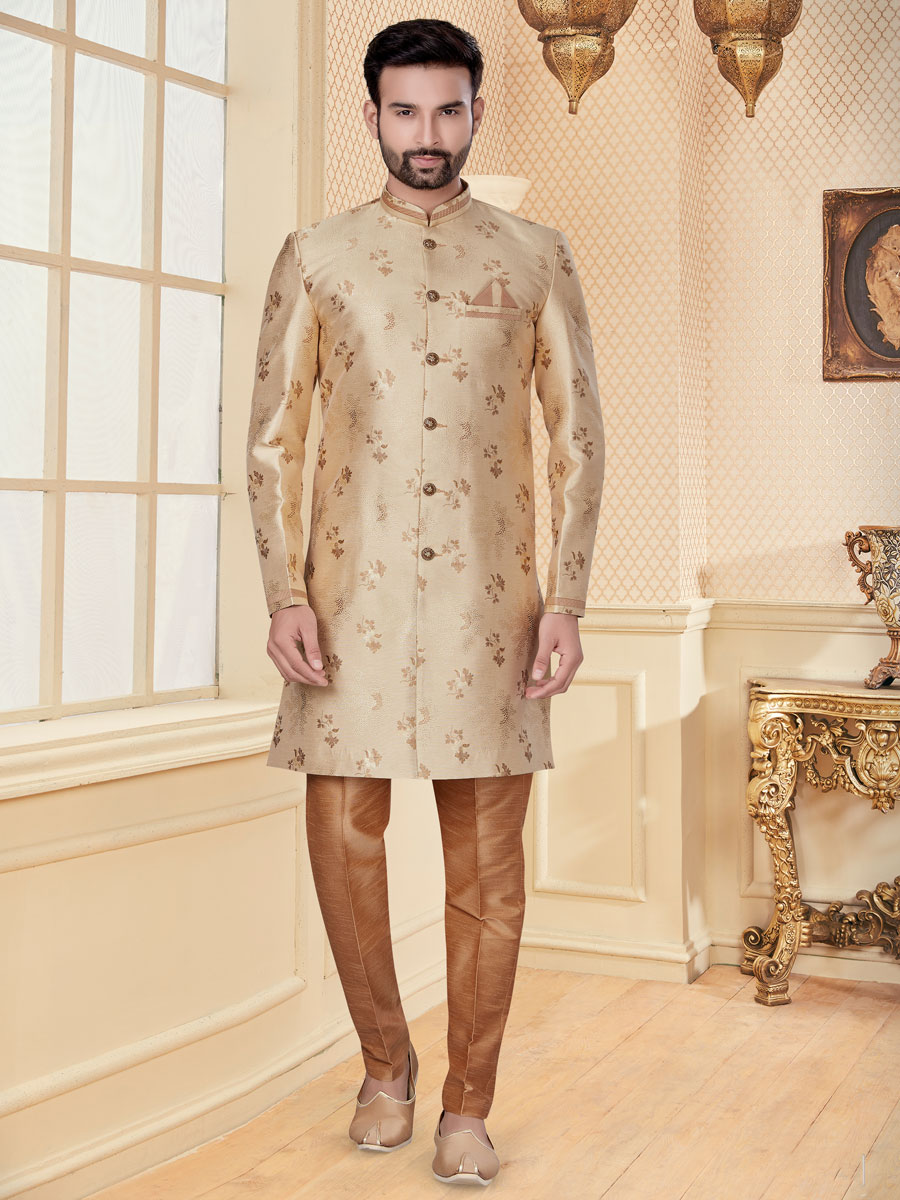 Cream Yellow Jacquard Handwoven Festival Sherwani