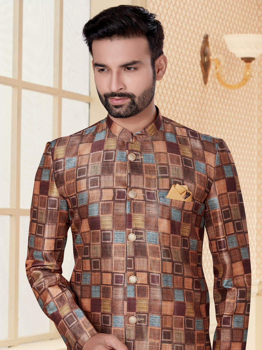 Sepia Brown and Cordovan Brown Jacquard Printed Festival Sherwani