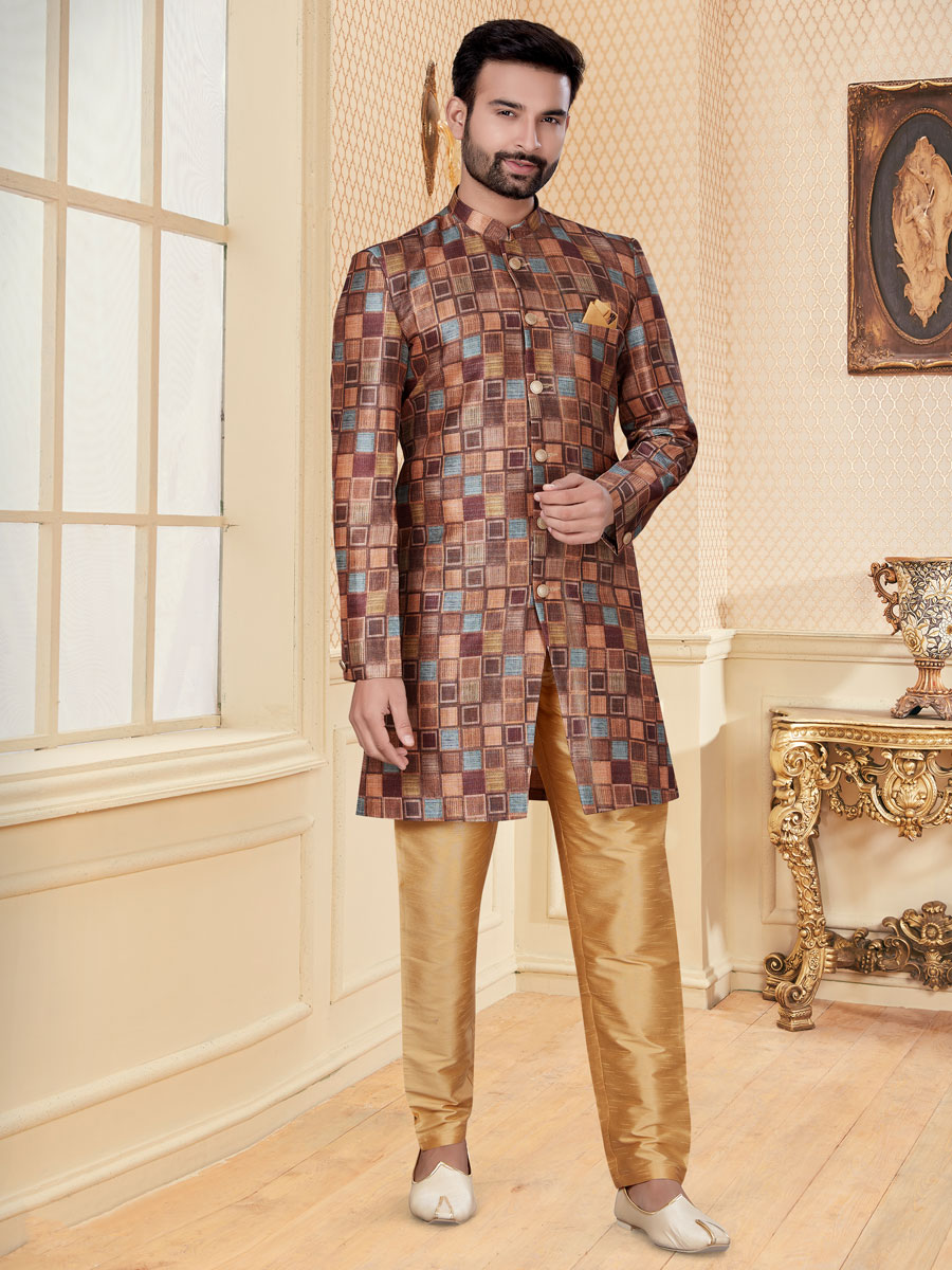 Sepia Brown and Cordovan Brown Jacquard Printed Festival Sherwani