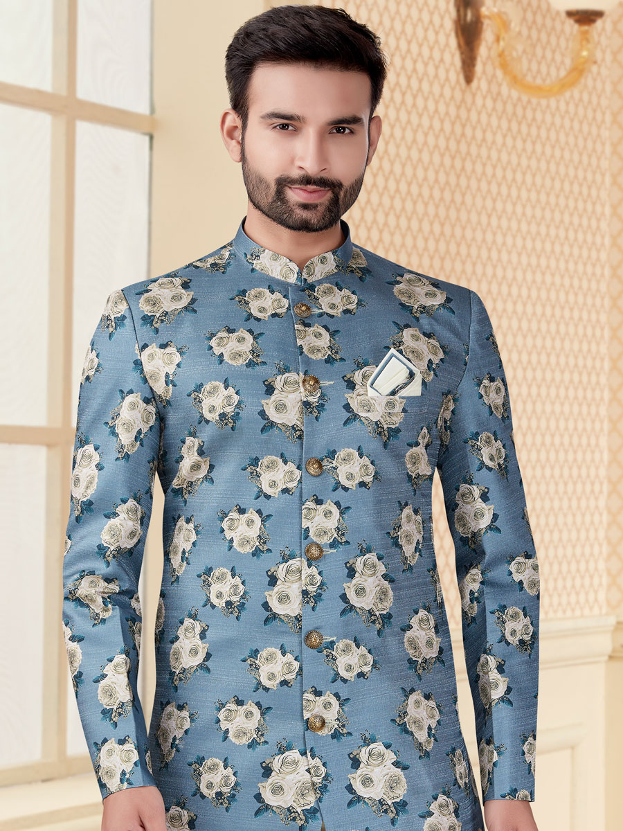 Sky Blue Jacquard Printed Festival Sherwani