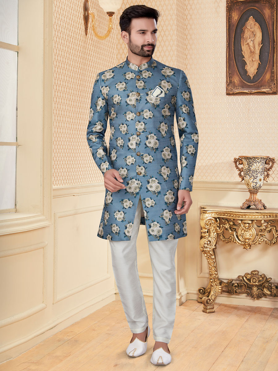 Sky Blue Jacquard Printed Festival Sherwani