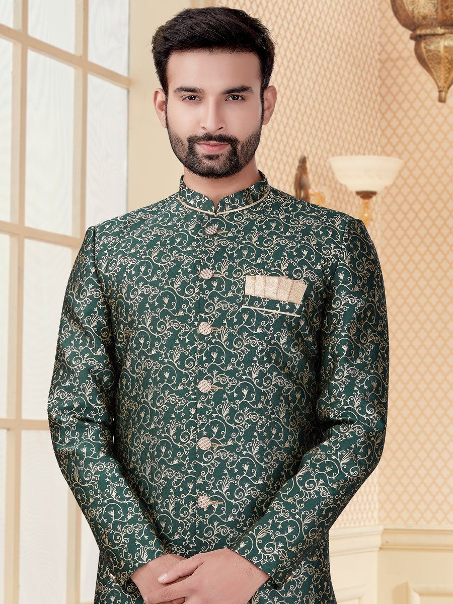 Midnight Green Jacquard Embroidered Festival Sherwani