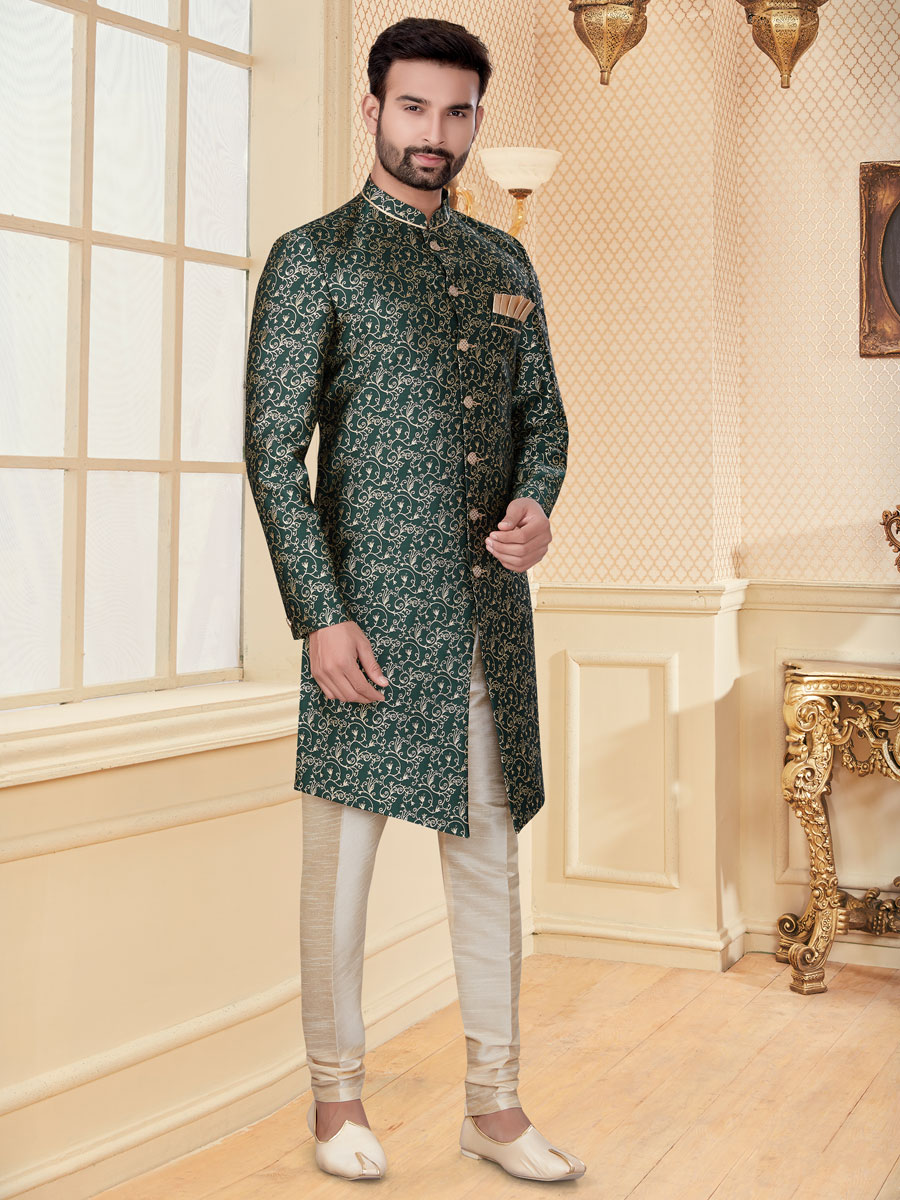 Midnight Green Jacquard Embroidered Festival Sherwani