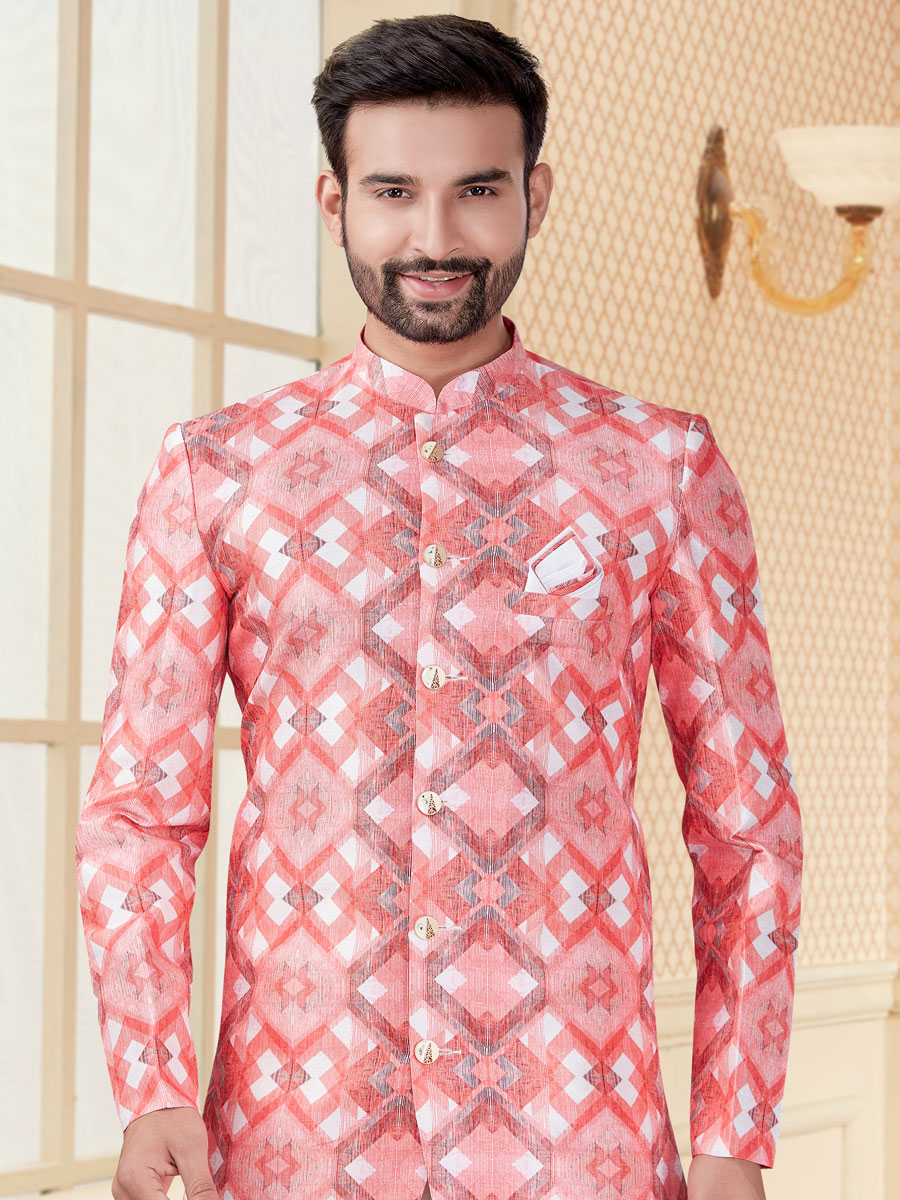 Salmon Pink and Coral Pink Jacquard Printed Festival Sherwani