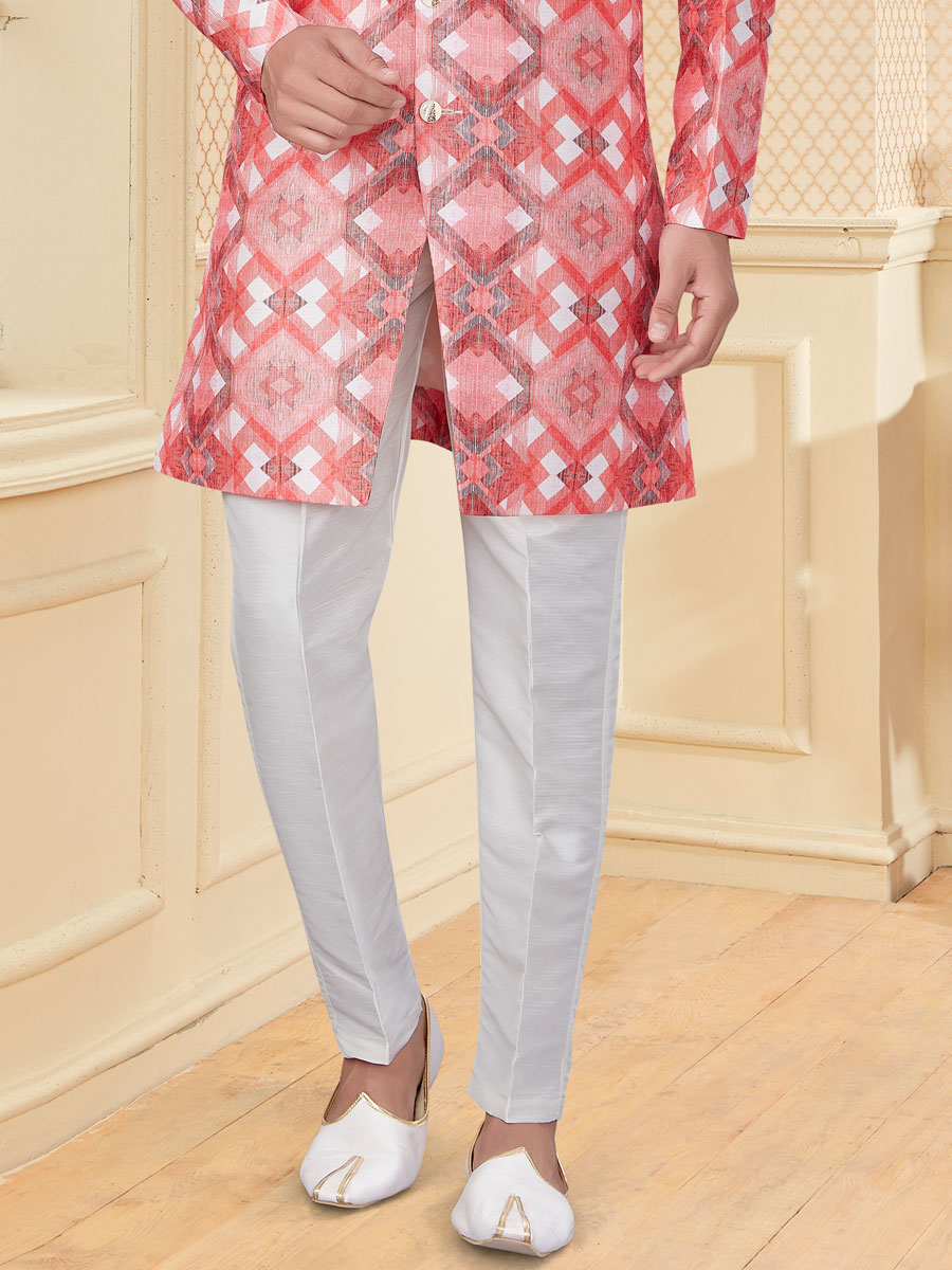 Salmon Pink and Coral Pink Jacquard Printed Festival Sherwani