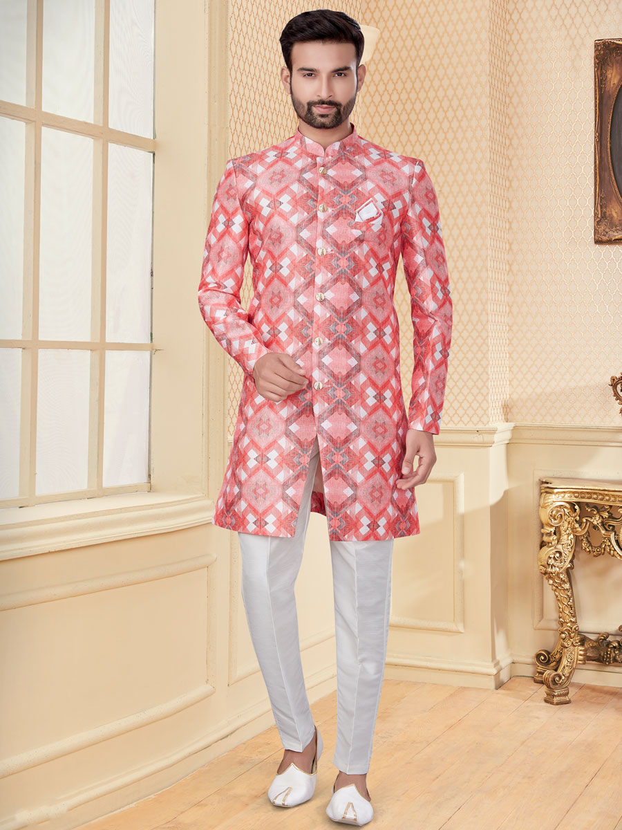 Salmon Pink and Coral Pink Jacquard Printed Festival Sherwani