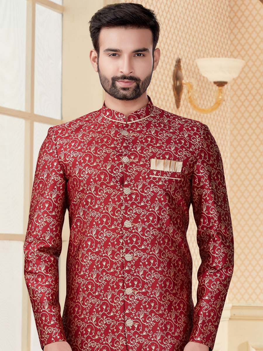 Maroon Jacquard Embroidered Festival Sherwani
