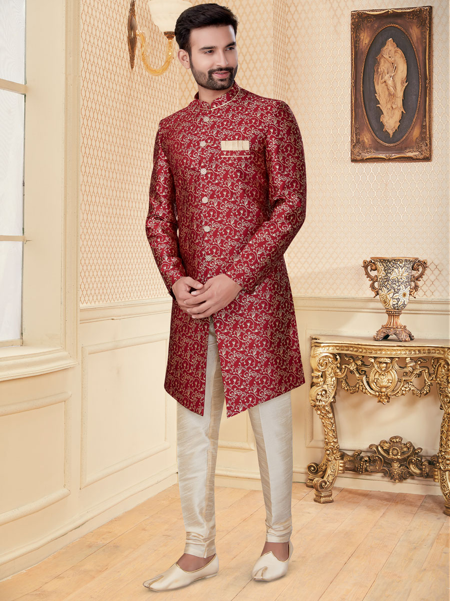 Maroon Jacquard Embroidered Festival Sherwani
